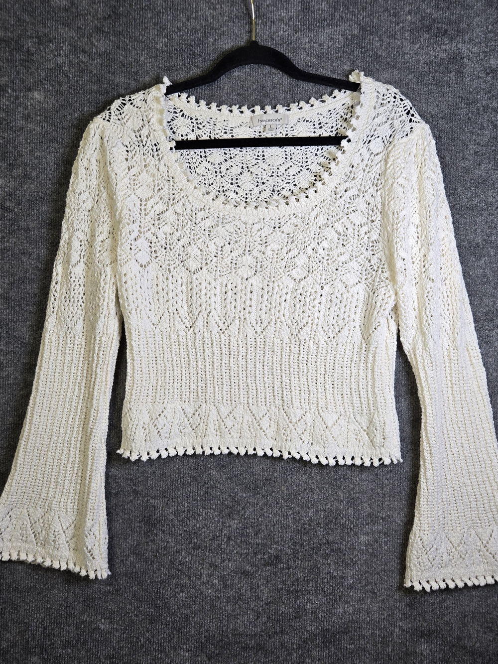 Francescas Sweater Womens L Cream White Crochet Knit Boho Fairy Romantic